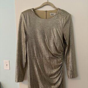 Eliza J Gold Jacquard Metallic Draped Long Sleeve Sheath Dress